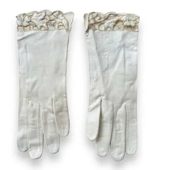 VTG Lavabile Italy Leather Ivory Glove W/Floral Size 6 - Picture 1 of 7